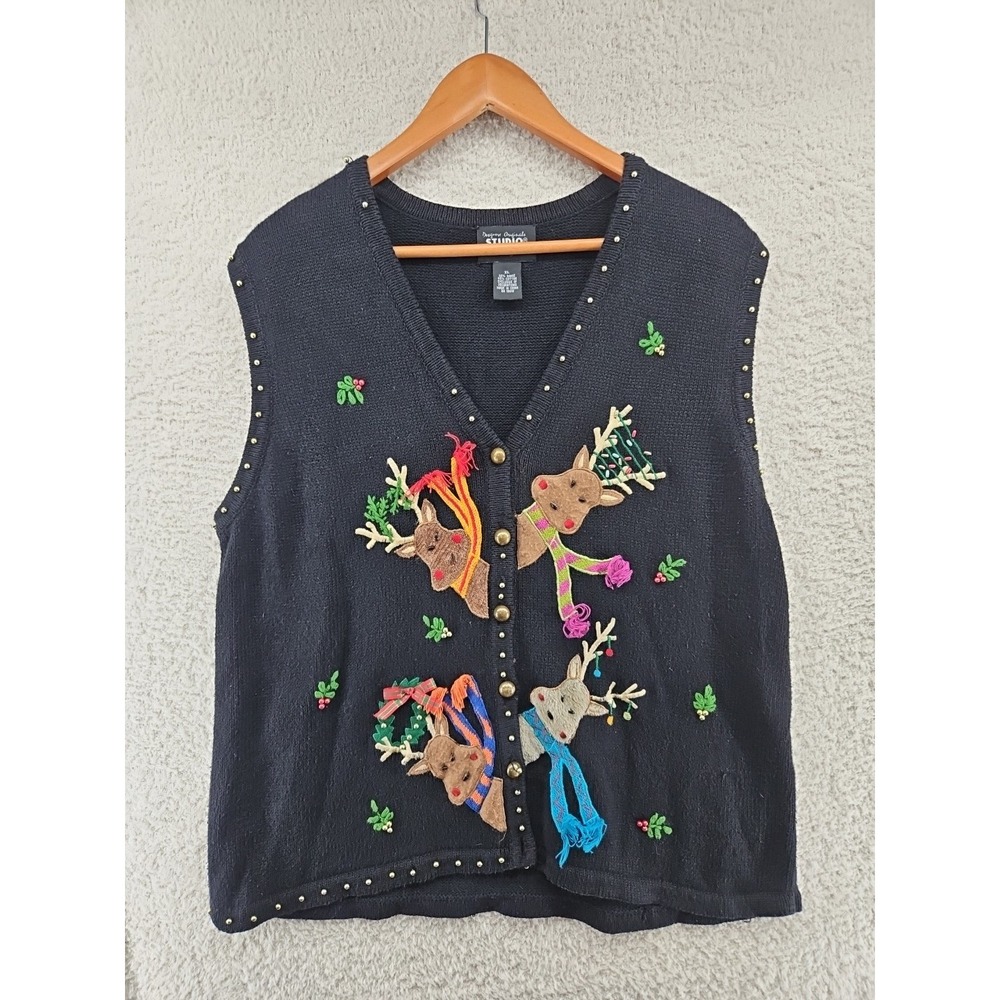 Vtg Designers Originals Joy Ugly Christmas Sweater Vest Sz XL Reindeer Mistletoe